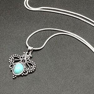925 Silver Necklace w/ Turquoise Heart Vine Pendant Women's Vintage Boho Gift